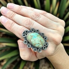 Vintage Turquoise Sterling Silver Ring Mexico 925 Southwest Statement Huge 7 RM
