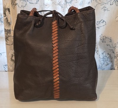 VINTAGE HANDMADE CARLOS FALCHI BROWN LEATHER DOUBLE HANDLE SHOULDER HANDBAG