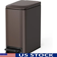 Slim Bathroom Trash Can Lid Soft Close Step-On Pedal Removable Bucket Odor Seal