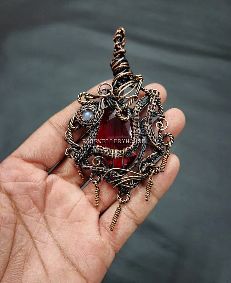 Colgante Granate Alambre de Cobre Envuelto Colgante Piedra Lunar Gema Colgante Joyería de Cobre Foto 4 de 4
