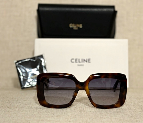 CELINE Women Tortoise Shell Oversized Square Sunglasses Gray Tinted Lenses