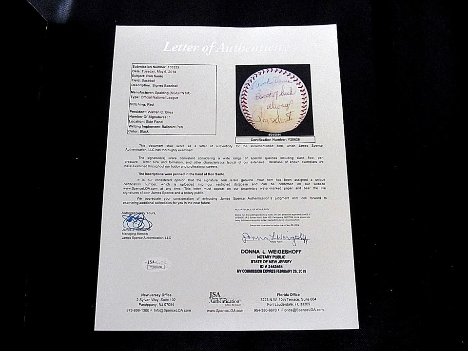 RON SANTO CHICAGO CUBS HOF ROOKIE SIGNED AUTO WARREN GILES ONL BASEBALL JSA LOA - Image 4 of 4