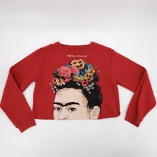 Camisa Frida Kahlo Mujer Extra Pequeña Roja Recortada Gráfica Estampado Pullover Artista Roja