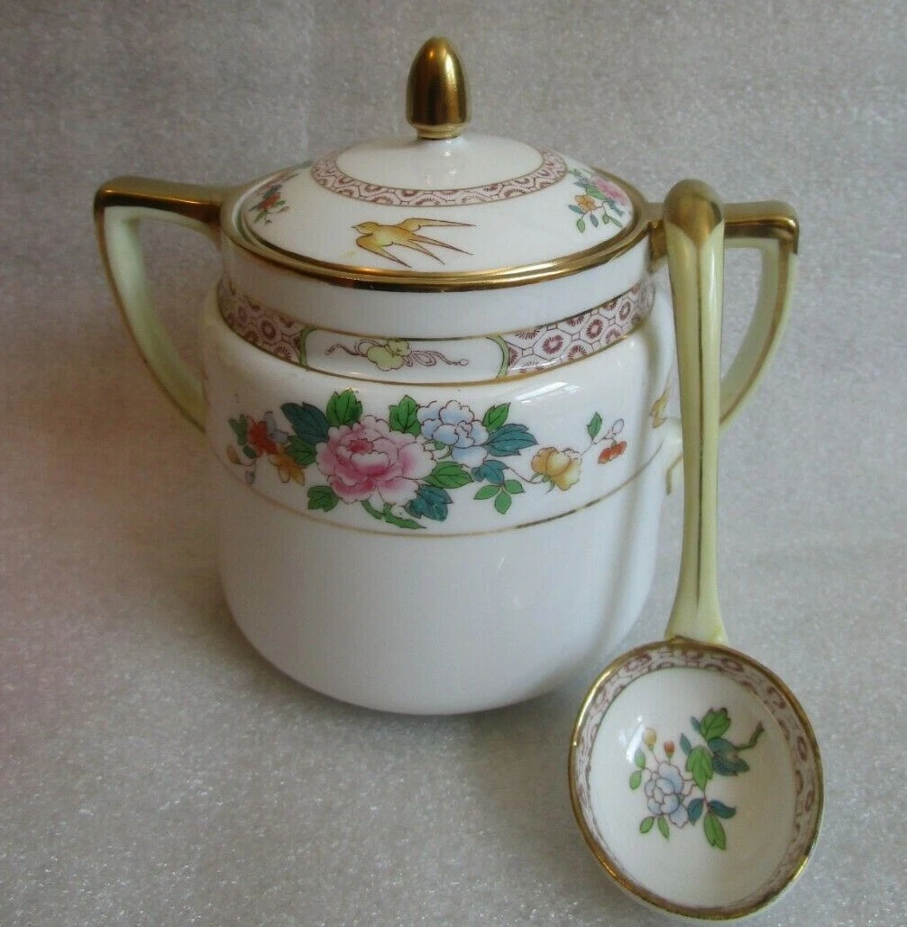 ANTIQUE 🕊️ NIPPON Signed 3 pc Set Sauce Mayo w Lid Jar & LADLE Bird in Flight
