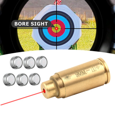 9mm Red Laser Bore Sight Brass Cartridge Bullet Shap Boresighter W/ 6 Batteries