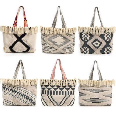 XL Boheme Tasche Mandala Shopper Boho Strandtasche Canvas Sommerfarben Black