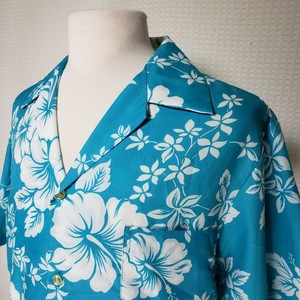Vintage-XL-Made-In-Hawaii-USA-Mens-Pomare-Hawaiian-Aloha-Hula-Shirt-Blue-Flower