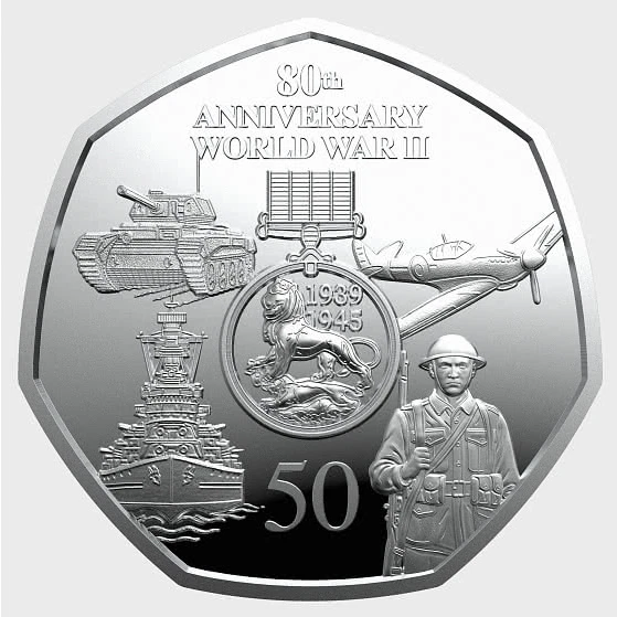 Moneda Gibraltar 50 peniques 2025 años 80 fin de la Segunda Guerra Mundial tanque avión barco Foto 3 de 4