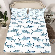 Shark Bed Sheets Twin Ocean Life Fitted Sheet for Child Boys Blue Watercolor ...