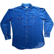 Vintage 60s Wrangler Sanforized Western Pearl Snap Button Up Denim Shirt L 16.5