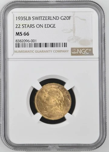 NobleSpirit Lovely Switzerland 1935 LB GOLD 20 Franc 22 Stars on Edge NGC MS 66