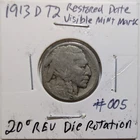 1913 D Type 2 Buffalo Nickel. Good set filler. Restored with Nic A Date. lot 005