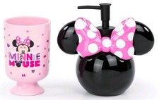 New Disney Minnie Mouse 2 Piece Bathroom Set - Pink Black Soap Dispenser Cup