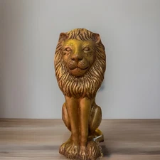 Vintage Mid-Century Jaru Art Pottery Lion Sculpture #P177 - Gold Tone, 17.5”H 