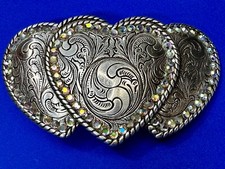 Triple Heart Shaped Flower Swirl Pattern with Rhinestone Border Belt Buckle
