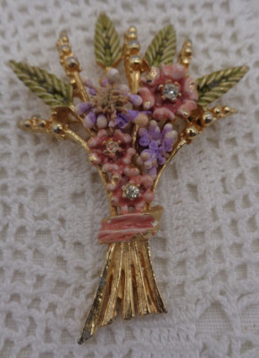 Vintage FLORENZA Harvest Stalk Flower Enamel Rhinestones BROOCH For Repair