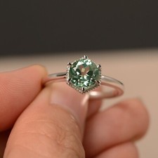 Round Cut Lab Created Green Gems Sapphire Ring Silver Solitaire Engagement Rings