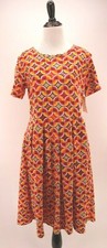 LuLaRoe XL Textured Knit Retro Pop Art Red Orange Vintage Print Amelia Dress