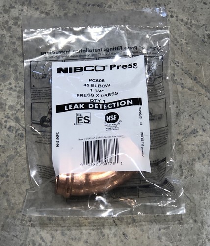 Nibco Press PC606 Copper Elbow Fitting 45 Degree 1-1/4" Press x Press New