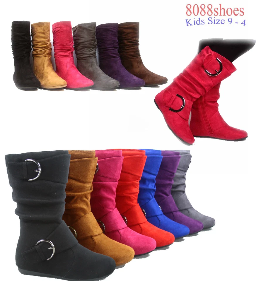 Lindos zapatos bota holgados con cremallera de tacón plano a media pantorrilla talla 9-4 para niñas y niños NUEVO Foto 2 de 4