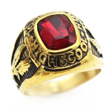 Vintage Red CZ High School Eagle Ring Stainless Steel Biker Jewelry Ring Gold