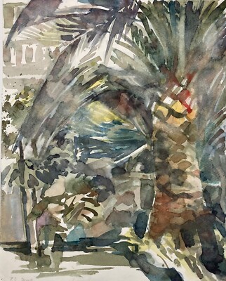 Aquarell Impressionist Prof Dr Alfred Behle Deya Landschaft mit Palme Mallorca