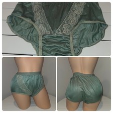 Shiny Double Nylon LACE Silky Granny Panty Wide Gusset Full Cut 7/L Palm Green