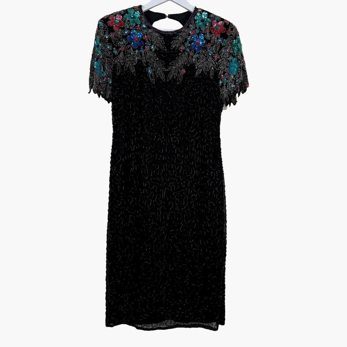 swee lo sequin dress Swee Lo Vintage Beaded Silk Dress Black Floral Sequin Cocktail Dress Glam  Sz MP
