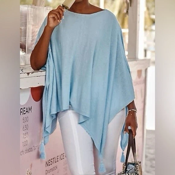 J Jill Linen Blend Tasseled Poncho In Skyline Blue Small-Large One Size
