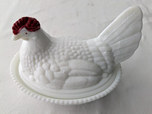 Vintage Signed Westmoreland Milk Glass Hen On Covered Dish Nest  7 1/2" EX Cond.