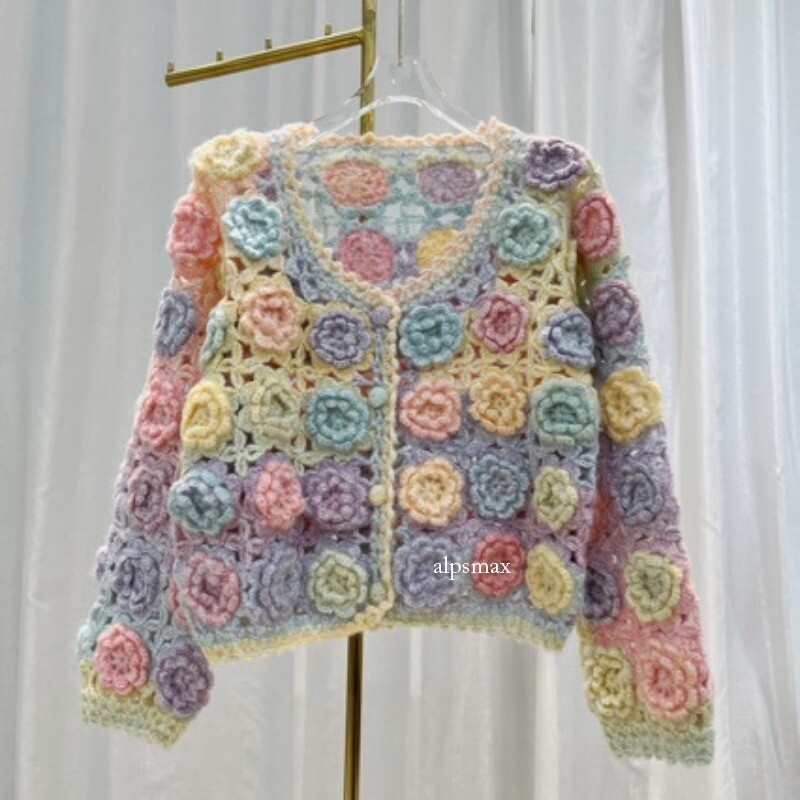 Autumn Womens Crochet Hollow Out Colorful Knitted Flower Cardigan Sweater Jacket