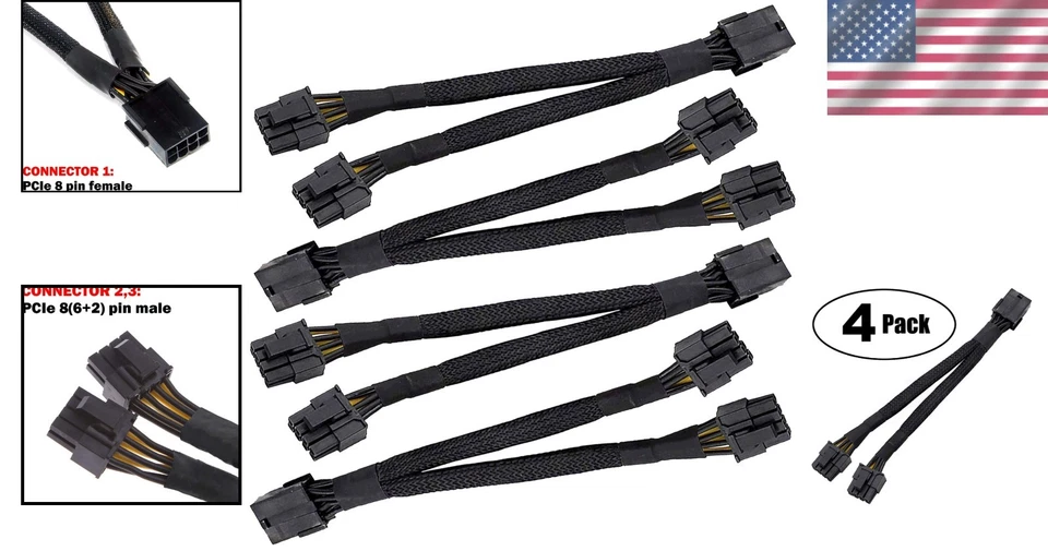 16 AWG 8 Pin PCI Express GPU Splitter Cable - Dual 8-Pin Adapter 4 Pack - Image 2 of 4
