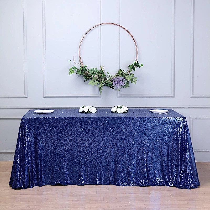 90x156" Navy Blue SEQUIN RECTANGLE TABLECLOTH Wedding Party Catering Linens - Image 3 of 4