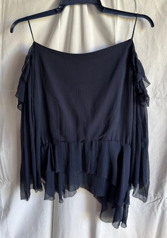 Rachel Zoe 100% Silk Top Size 6 (10AUS) Navy Blue Cold Shoulder - image 3 of 4