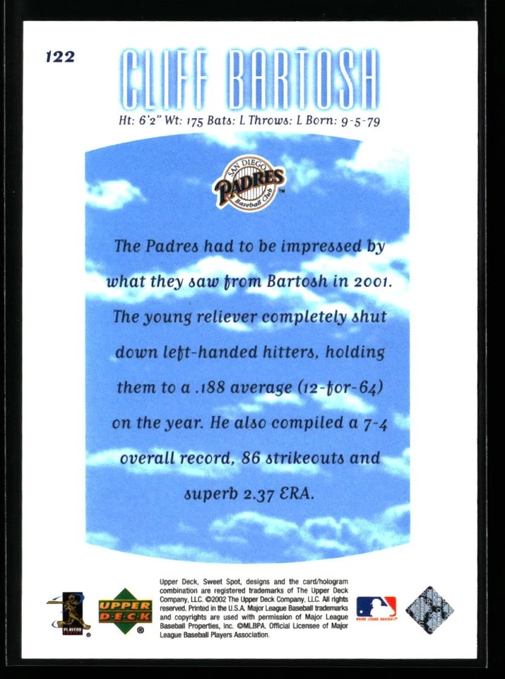 Cliff Bartosh 2002 Upper Deck Sweet Spot #122 #/1300 Rookie San Diego Padres - Image 2 of 2