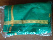Green Cotton Dhoti Lungi Mundu Pareo Sarong Wrap Golden Yellow Thread Borders 2m