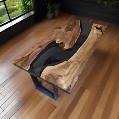 Black Resin Epoxy Dining Table Top Acacia Wood Counter Top Slab Home  Furniture