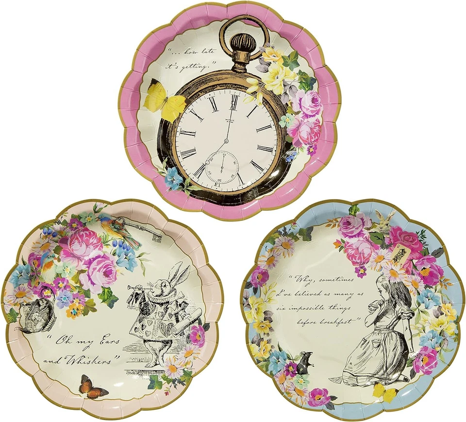 Paquete de 24 platos de papel desechables temáticos de Alicia en el País de las Maravillas | S Foto 2 de 3