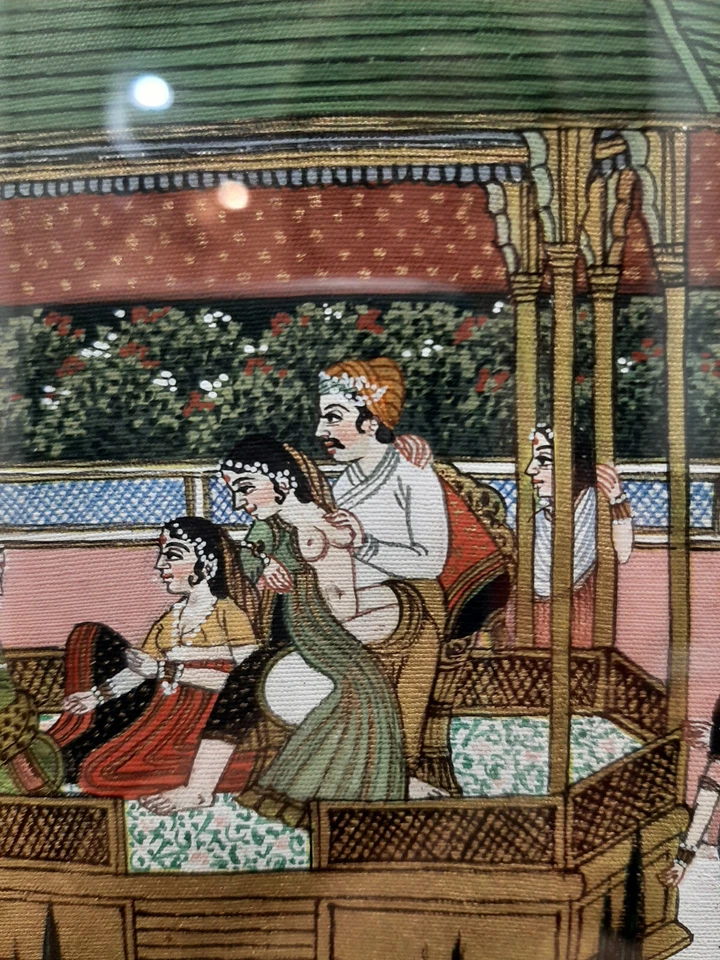 Arte harén mogol Kamasutra indio miniatura arte erótico en tela firmado enmarcado Foto 2 de 4