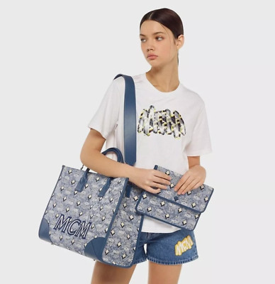 MCM Munchen Blue Jacquard-Woven Vintage Visetos Monogram XL Tote $1490