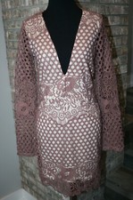 Tobi Womens Mauve Lace Long Sleeve Beige Lined Plunge Dress SZ M