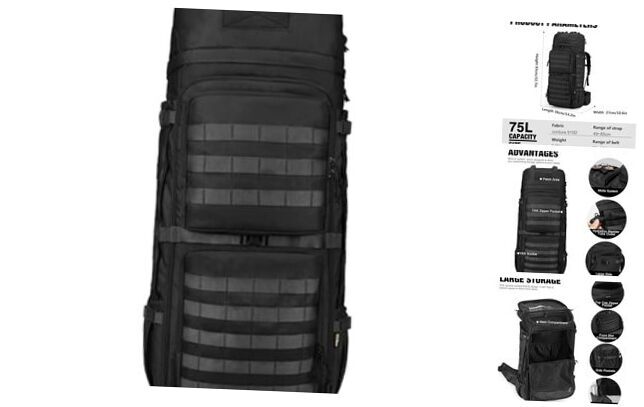 75L Military Internal Frame Backpack for Men, Cordura Tactical Backpack Black
