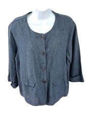 Flax Womens 100 Linen Blue Blazer Jacket Small Boxy Pockets Cuffed Sleeves