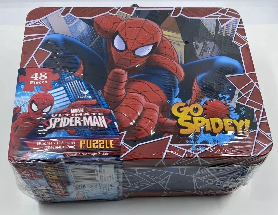 MARVEL ULTIMATE SPIDERMAN JIGSAW PUZZLE GAME GO SPIDEY EMBOSSED METAL BOX 48PCS - Image 2 of 4