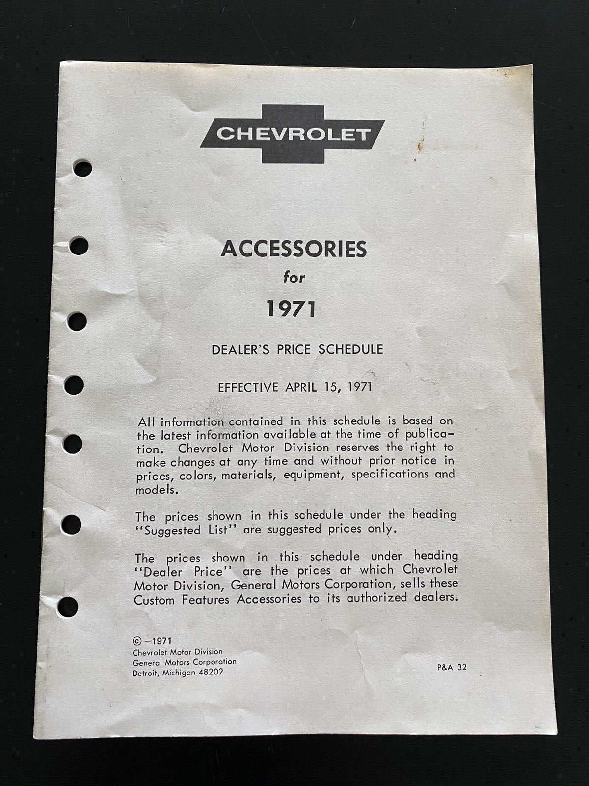 1971 Chevrolet  Accessories Dealer Prices Impala Camaro Chevelle SS Corvette