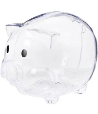 PLASTIC PIGGY BANK 5”X 4”x4"- SAVE COINS CASH FUN FOR KIDS CLEAR - Transparent