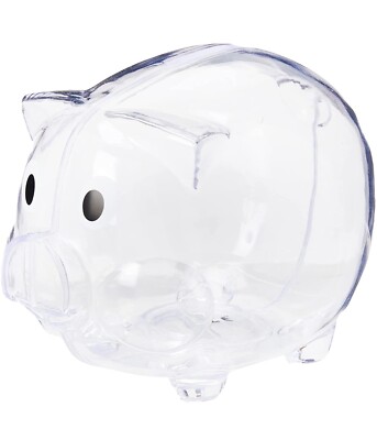 PLASTIC PIGGY BANK 5 X 4 x4''- SAVE COINS CASH FUN FOR KIDS CLEAR - Transparent
