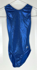 Alpha Factor CM Gymnastics Leotard Child Girls Medium Blue Nylon Silver Dots