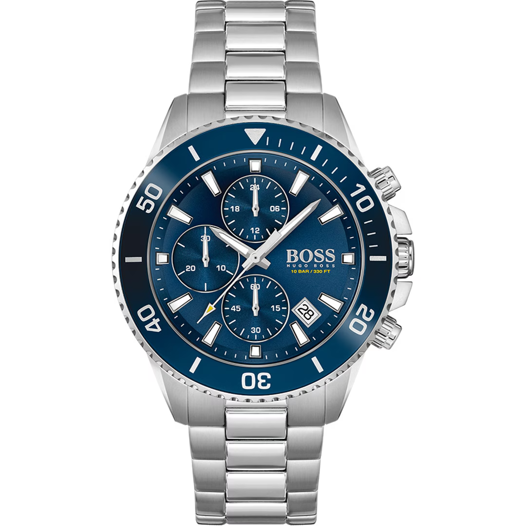 Hugo Boss HB1513907 Admiral Mens' Blue Dial Stainless Chrono Watch + Gift Bag