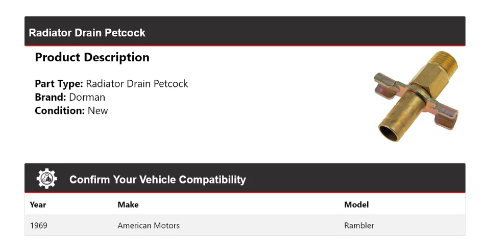 Para 1969 American Motors Rambler Dorman Radiador Drenaje Petcock Foto 2 de 4